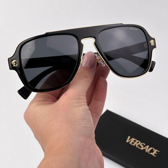 Versace Men’s Sunglasses – Black Aviator Frame Polarized Lenses | VE2199 100281 - Picture 1 of 12